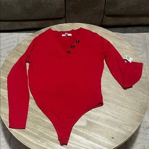 Red V-Neck Long Sleeve Bodysuit